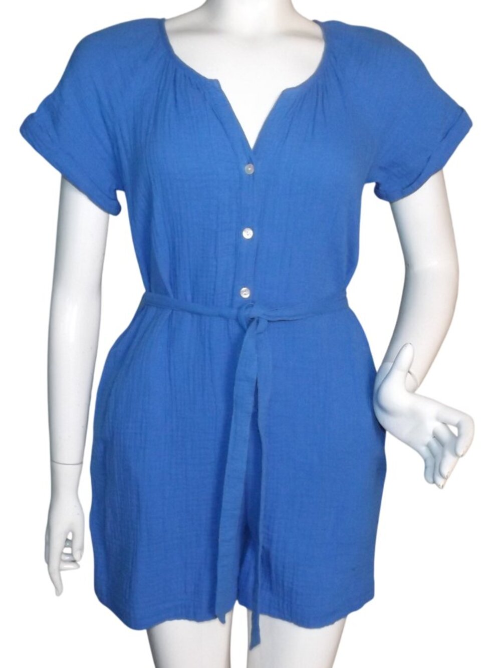 TOMMY BAHAMA Island Soft Romper, XS, Cornflower Blue, Gauzy, Short, Belt, Button